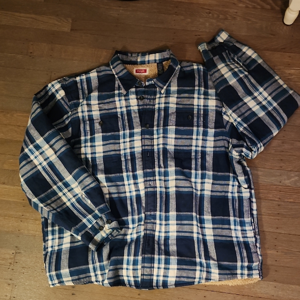 Wrangler Men Green & Blue Plaid Shirt Jacket Shackwt Flannel Sherpa XXL Side Poc